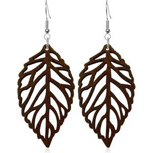 Handmade Bohemian Natural Wooden Leaf Dangle Drop Earrings Lightweight Vintage H
